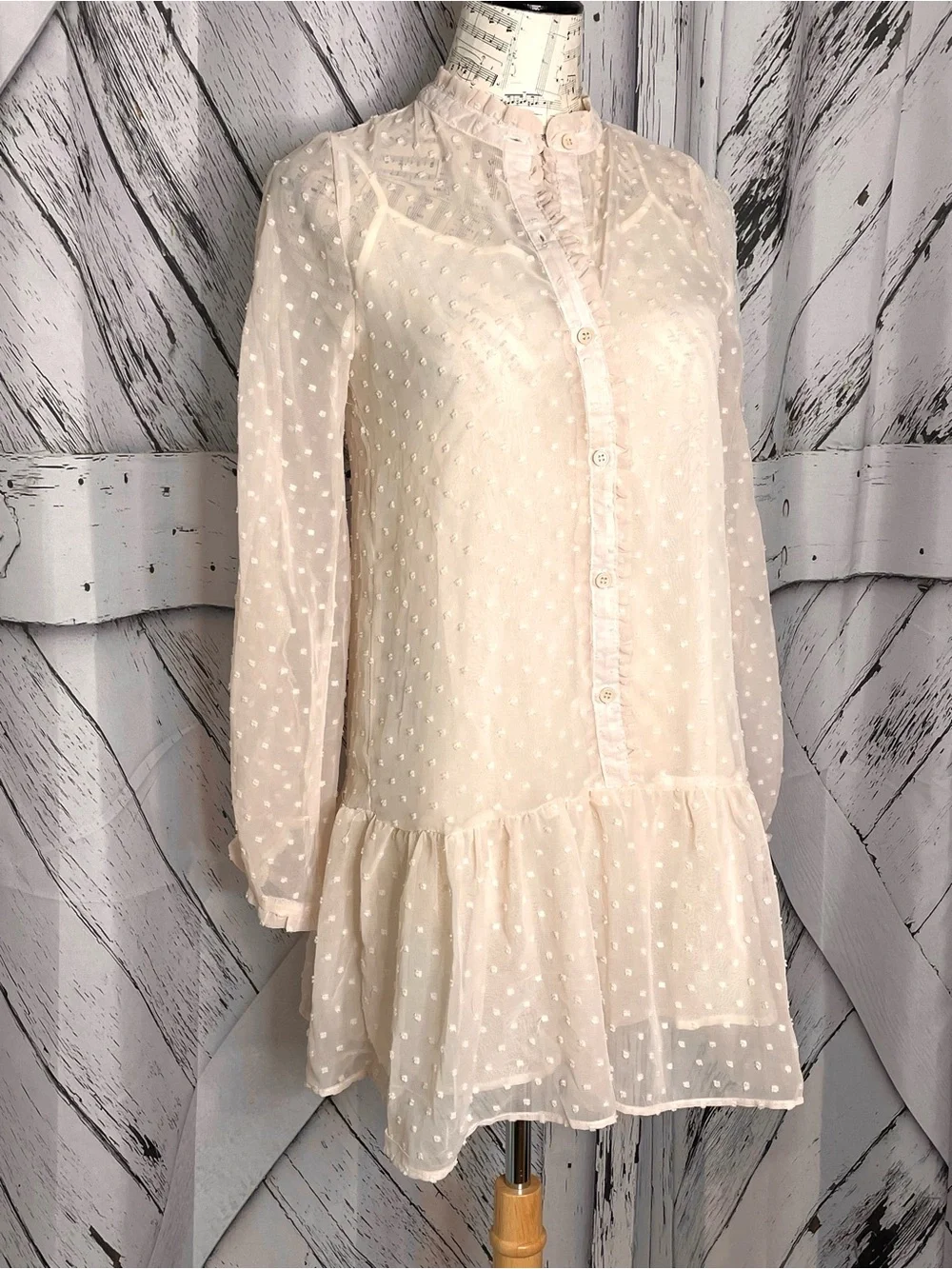 NWT Hyfve Cream Swiss Dot Ruffle Chiffon Mini Dress Boho S - Picture 2 of 7